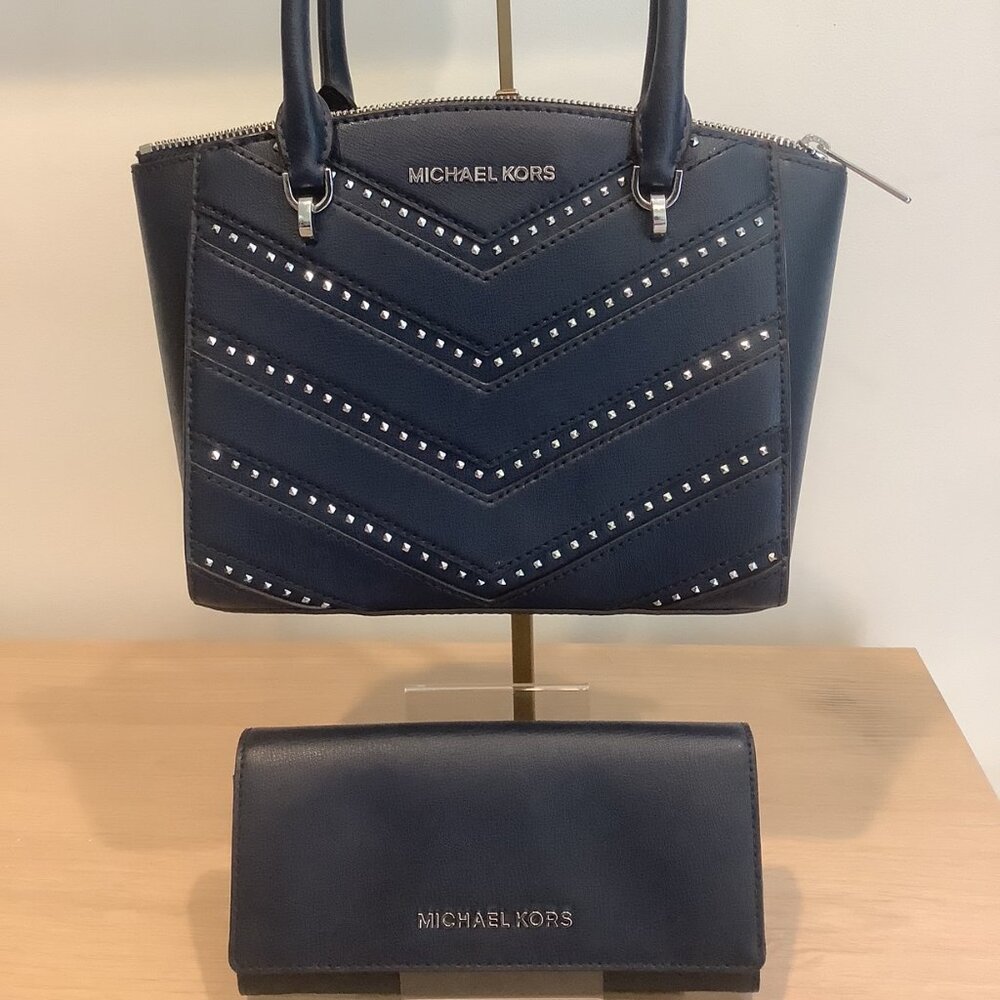 Michael Kors Navy Blue Studded Handbag and Wallet Set